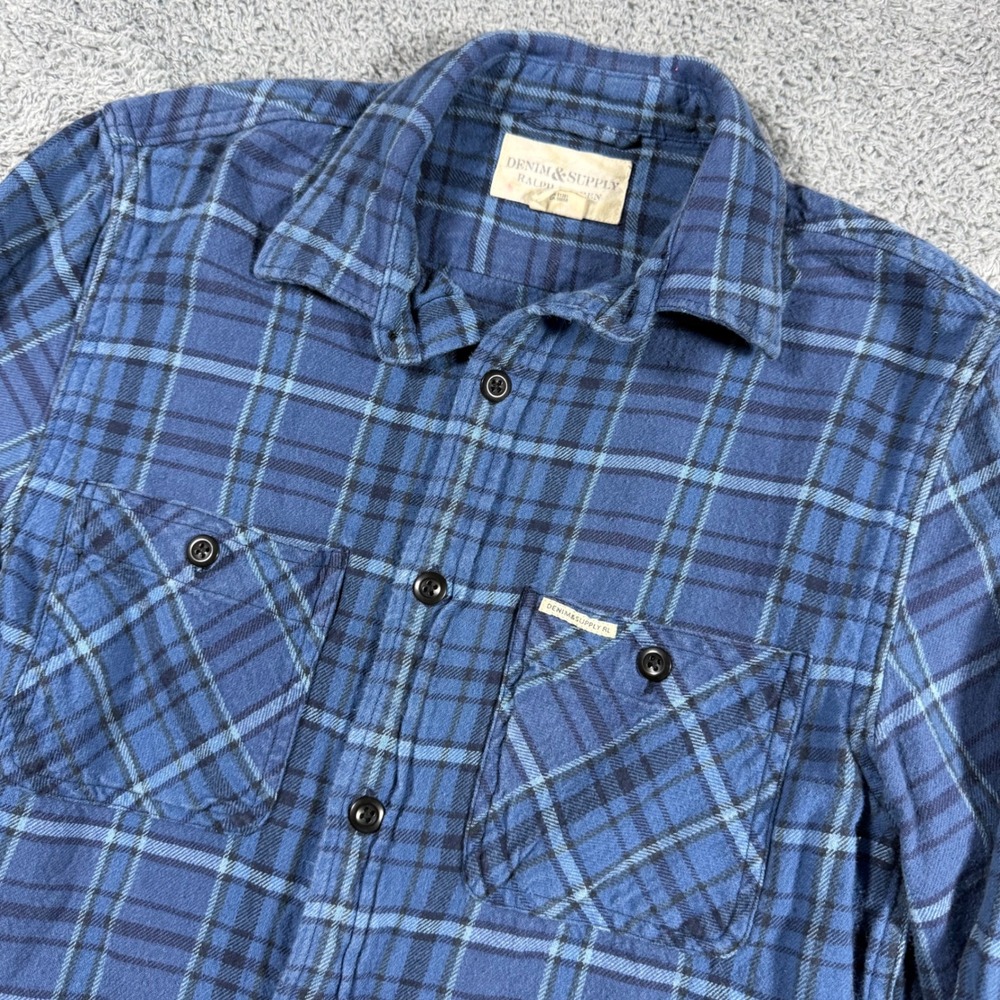 Denim & Supply Ralph Lauren Mens Small Blue Plaid Flannel Shirt Workwear Pockets